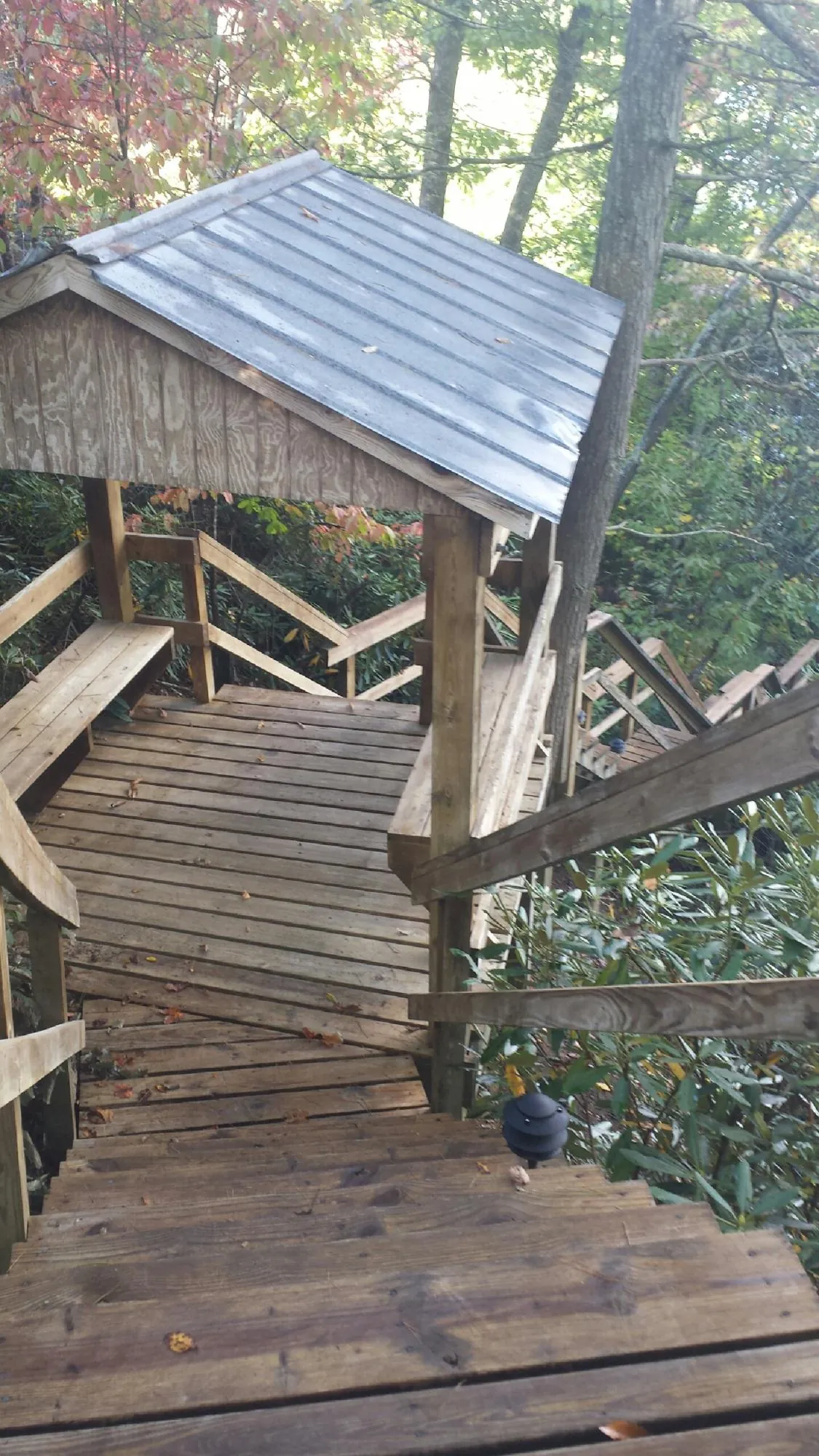 Metal roofed shelter over wooden steps on a wooded walkway — Skylight Repair & Installation work by our crew in Leland